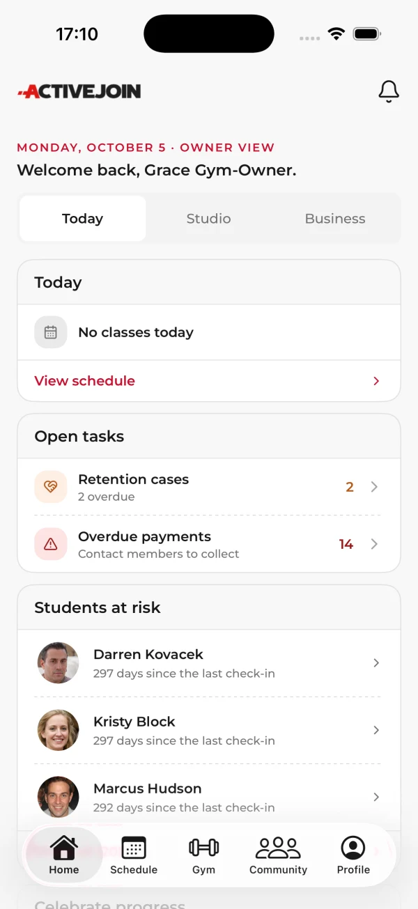 ActiveJoin owner dashboard showing retention tasks and students who need attention