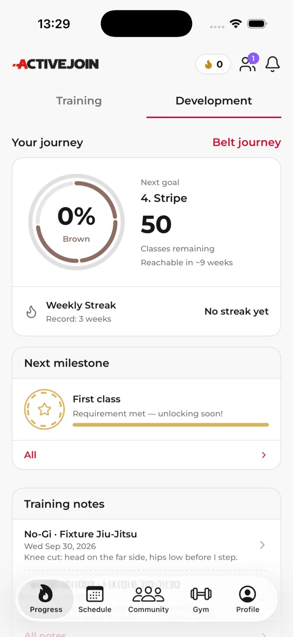 ActiveJoin student development screen with training history and personal progress