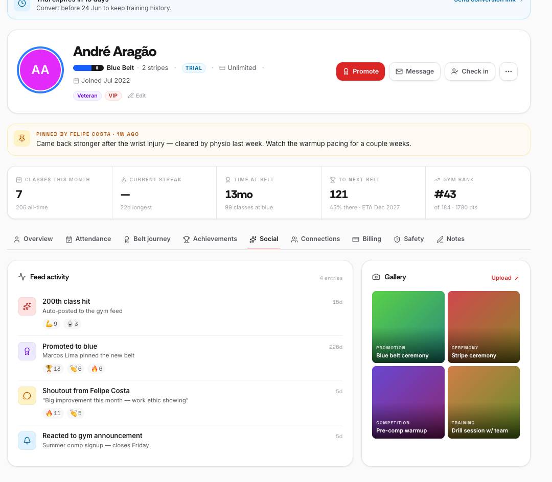 Member detail with feed, gallery and stats